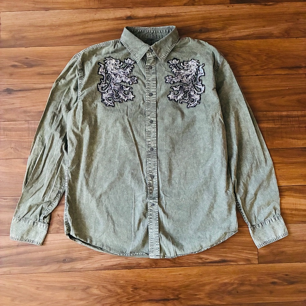 Y2K Affliction Olive Green Long Sleeve Button Down Men’s Size XXL